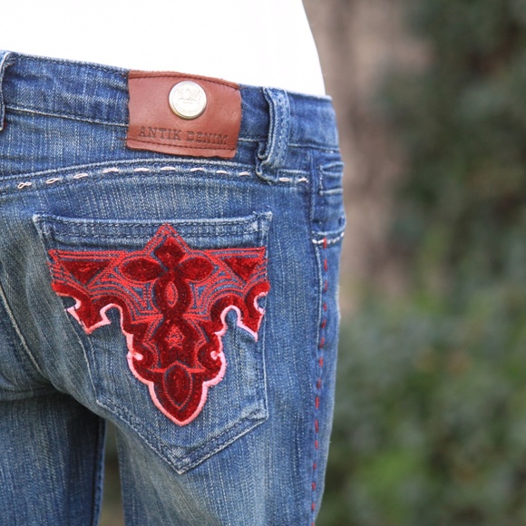 Y2K Antik Denim Gorgeous red velvet embroidered jeans - vintage - Picture 1 of 8